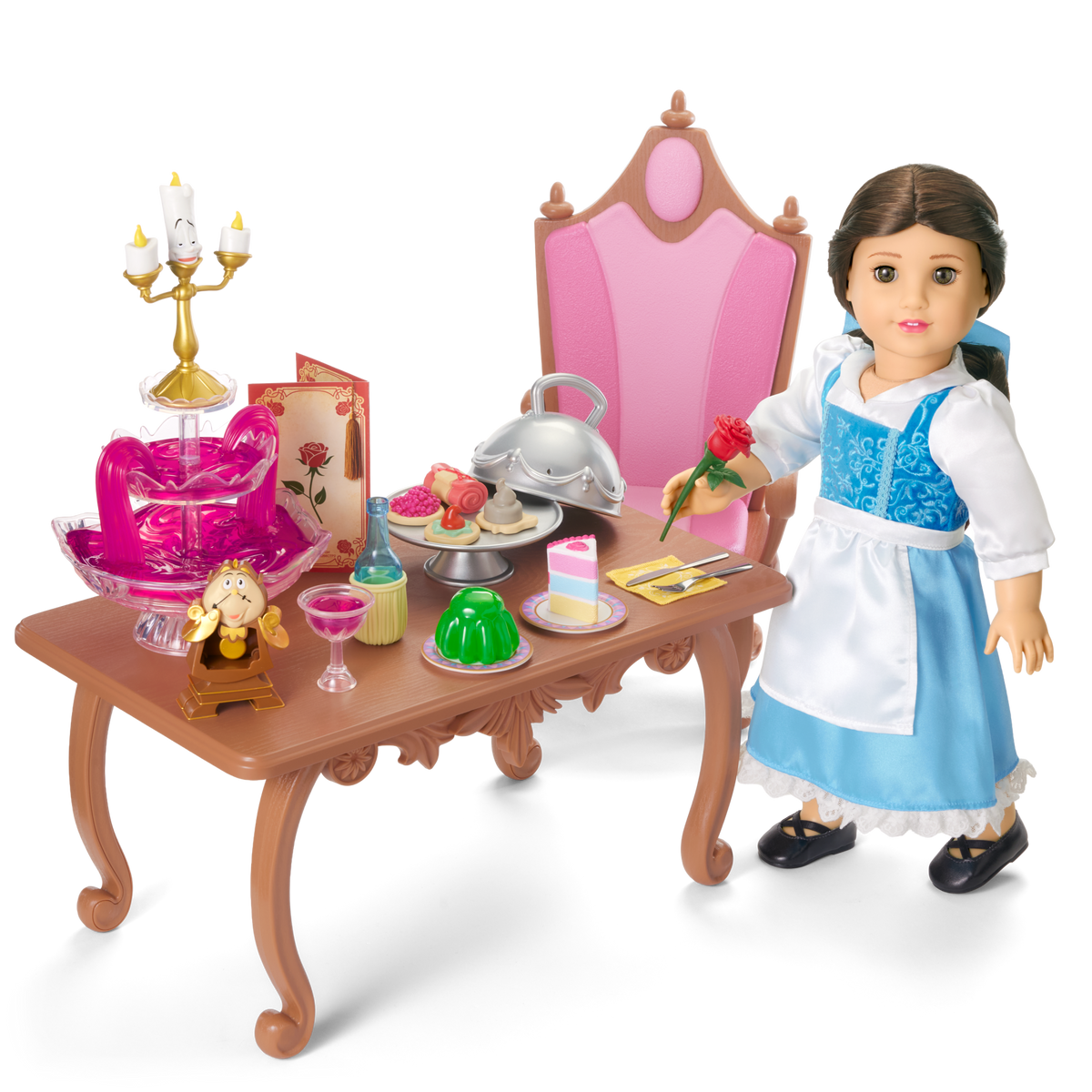 Disney Princess Belle Enchanted Castle Dining Set, Blue Dress & Friends Bundle for 18-inch Dolls