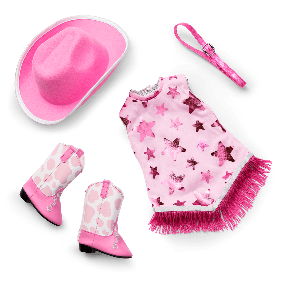 Glam Pink Cowgirl Outfit & Pink Spotted Cow Backpack & Accessory Set  Bundle