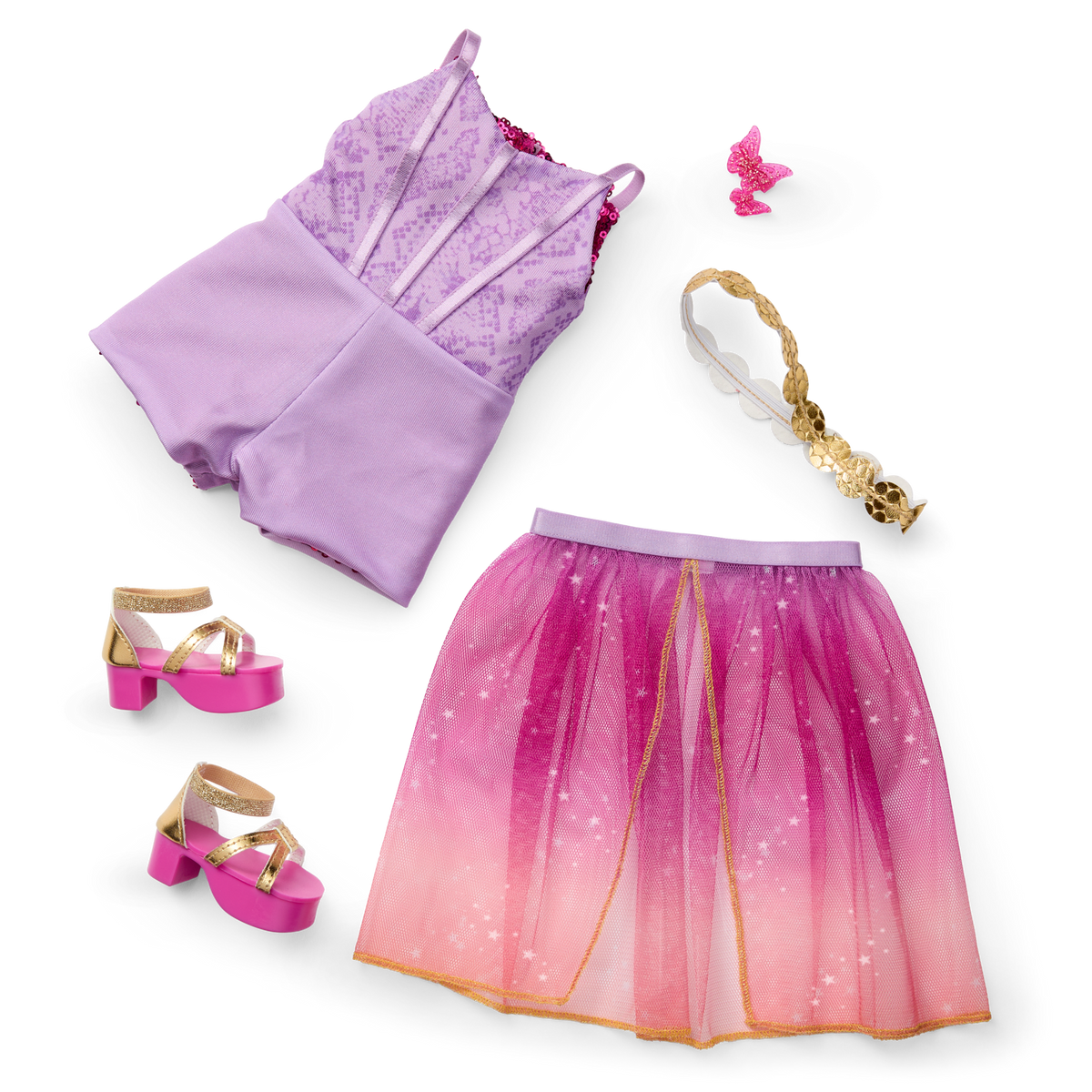 Glam Sparkly Concert Outfit & Colorful Teddy Bear Backpack & Accessory Set Bundle