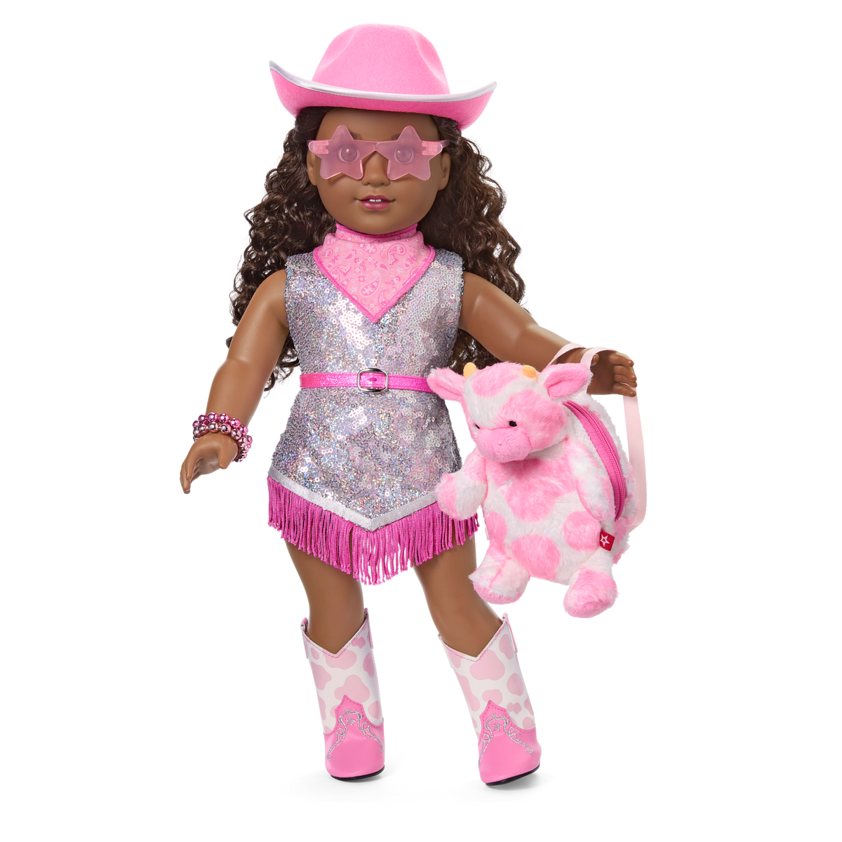 Glam Pink Cowgirl Outfit & Pink Spotted Cow Backpack & Accessory Set  Bundle