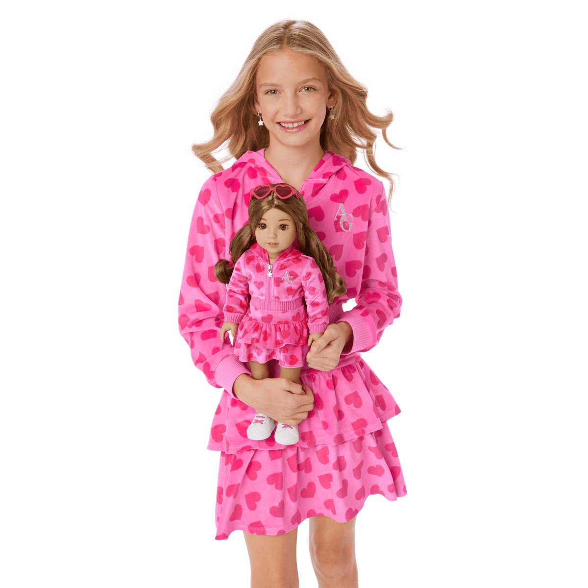 Pink Hearts Hoodie Dress for Girls & 18-inch Dolls
