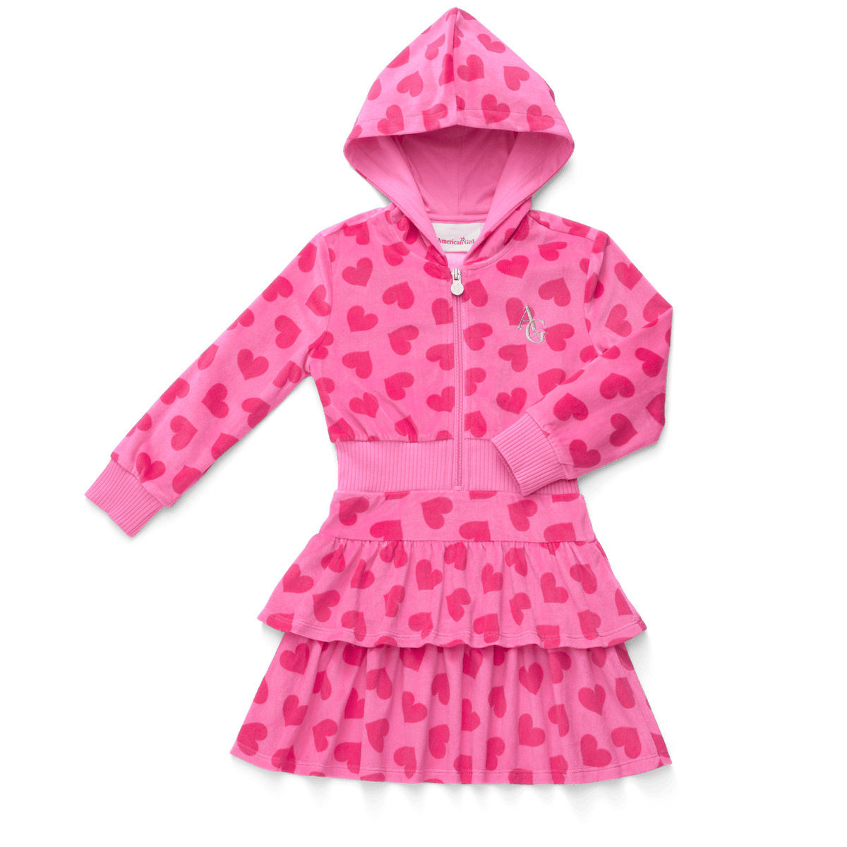 Pink Hearts Hoodie Dress for Girls & 18-inch Dolls