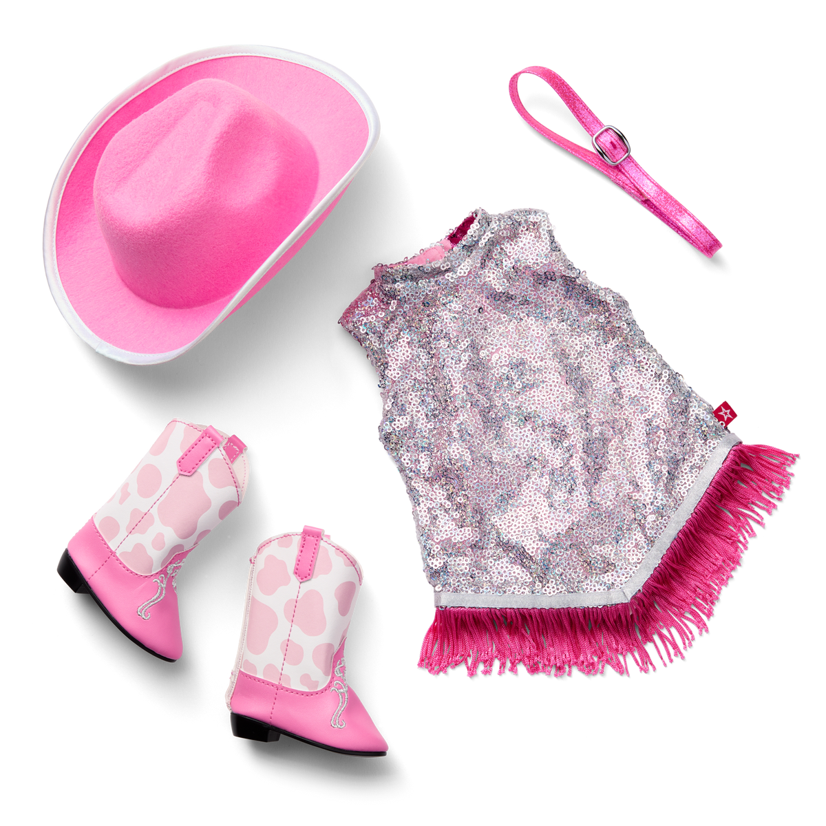 Glam Pink Cowgirl Outfit & Pink Spotted Cow Backpack & Accessory Set  Bundle