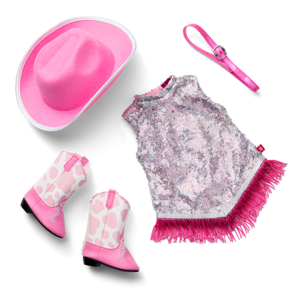 Glam Pink Cowgirl Outfit & Pink Spotted Cow Backpack & Accessory Set  Bundle