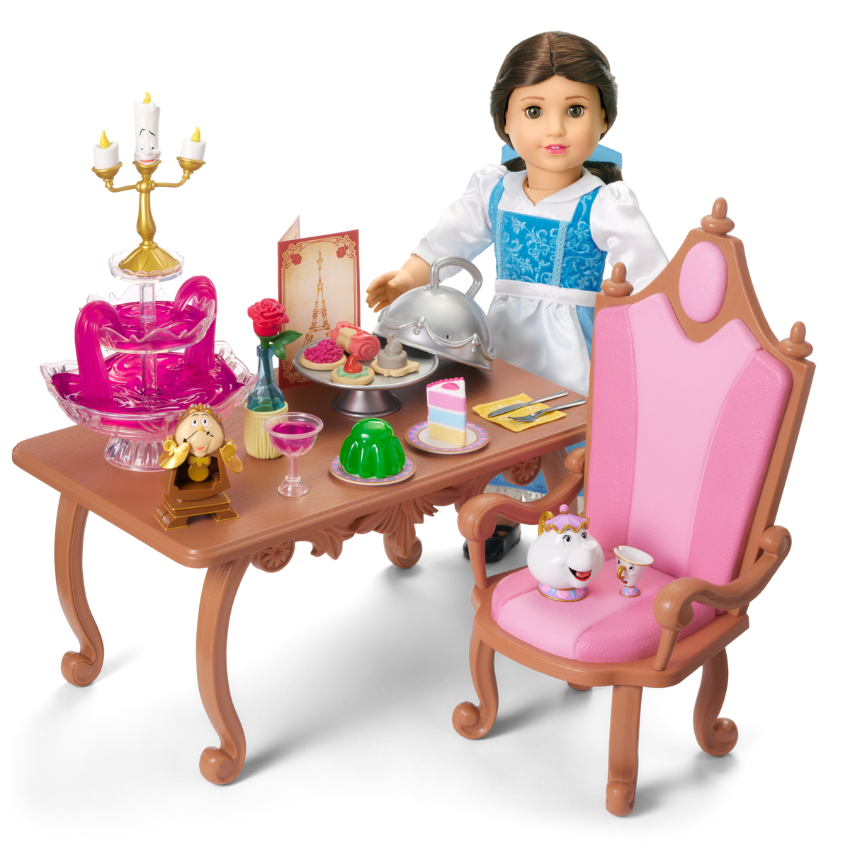 Disney Princess Belle Enchanted Castle Dining Set, Blue Dress & Friends Bundle for 18-inch Dolls