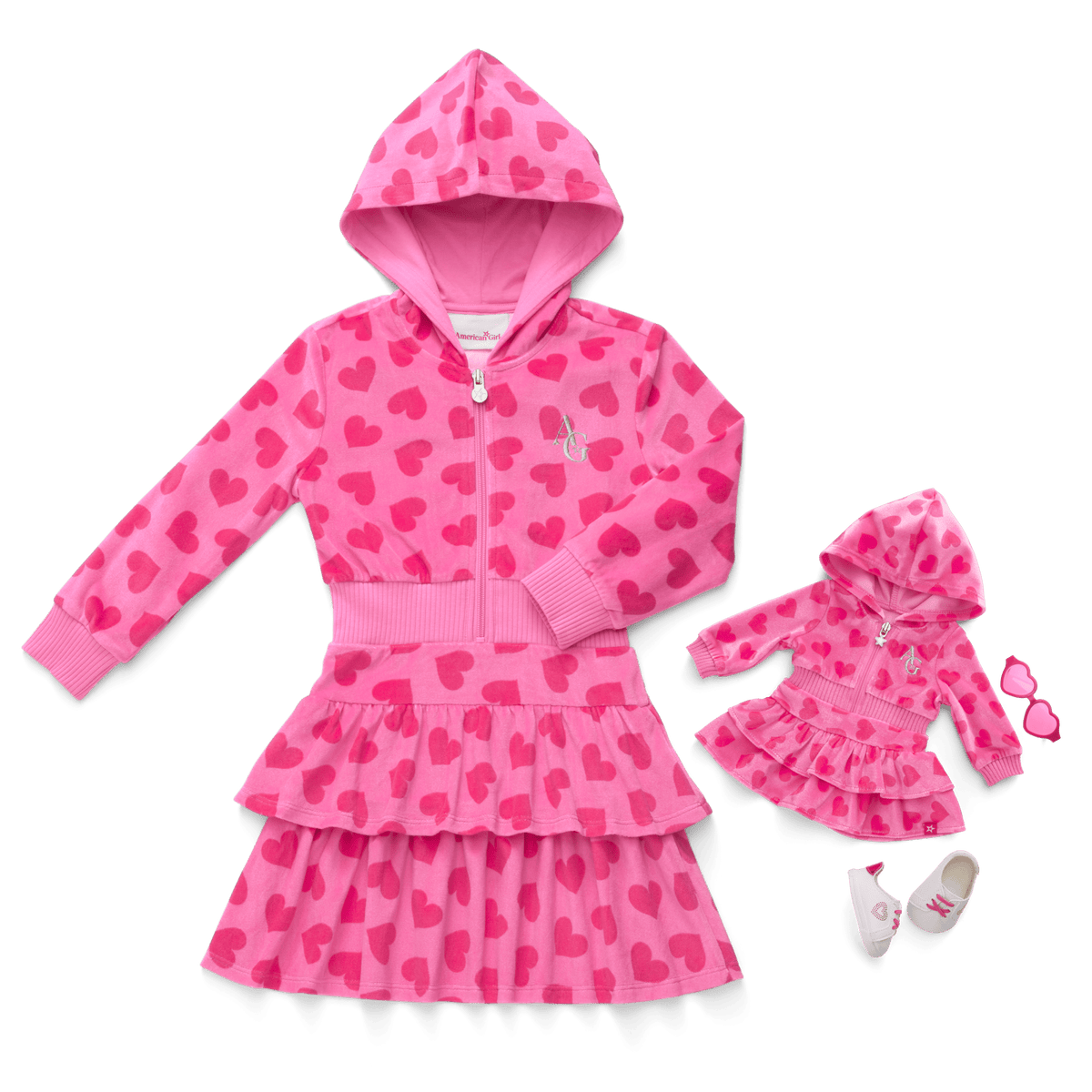 Pink Hearts Hoodie Dress for Girls & 18-inch Dolls